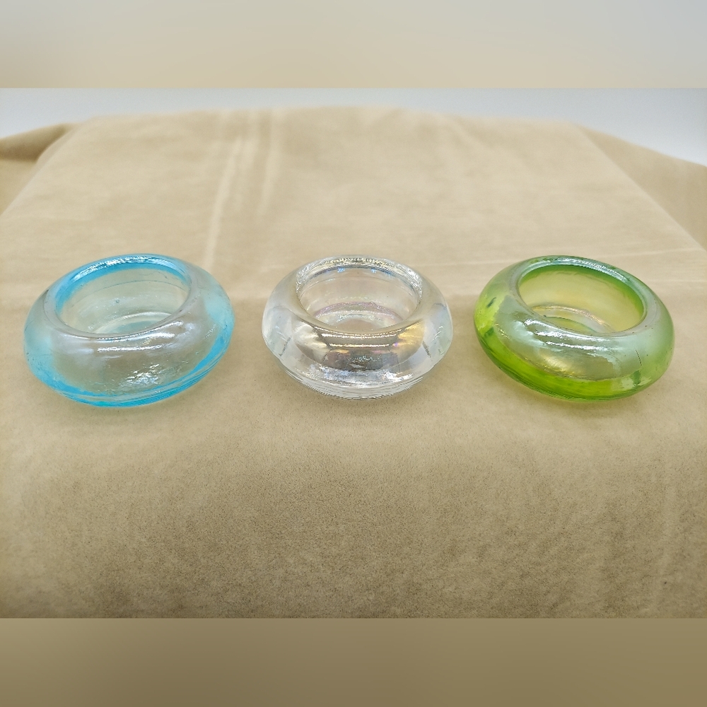 Set 3 Irridescent Tea Light Candle Holders Tealight Green Blue Glass Cute